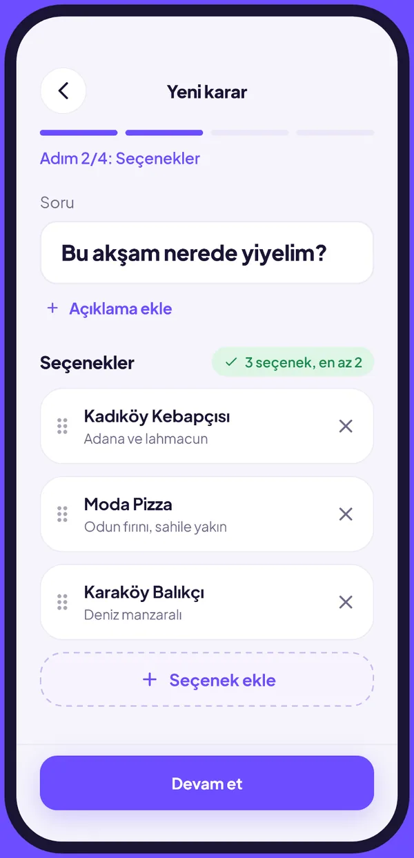 Karar oluşturma ekranında seçenekler ve paylaşım adımı