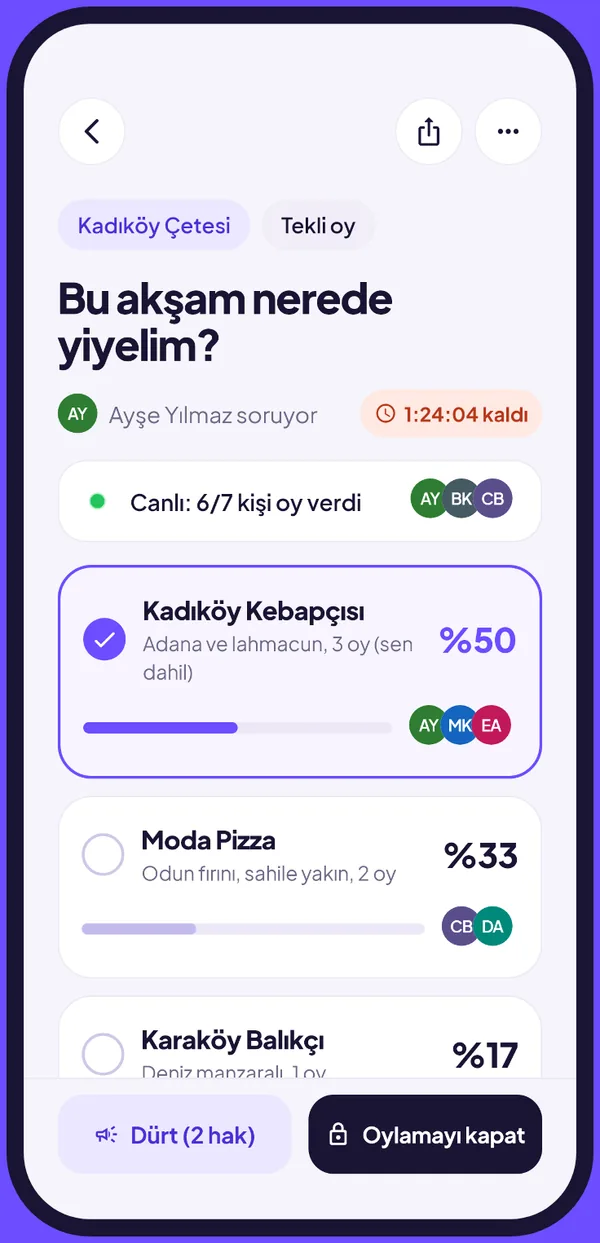 Oylama ekranında seçeneklerin canlı oy oranları