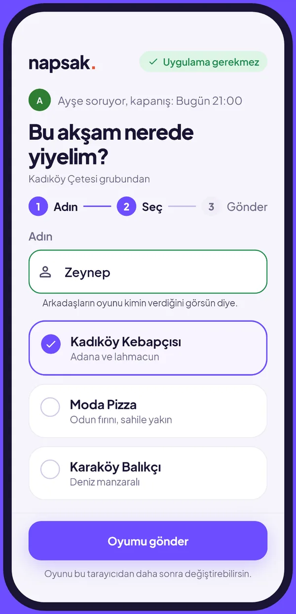 Tarayıcıda açılan misafir oylama sayfası